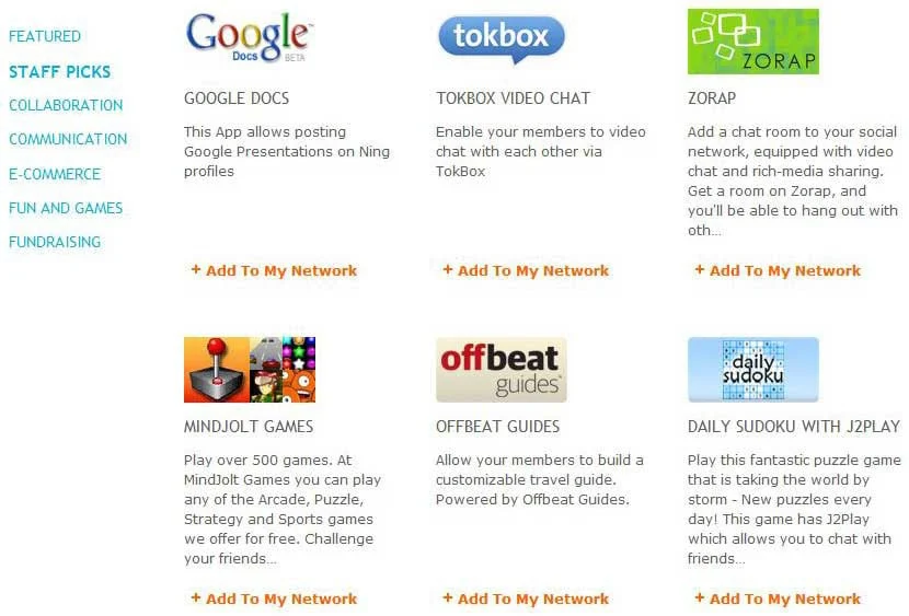 screenshot of Ning apps
